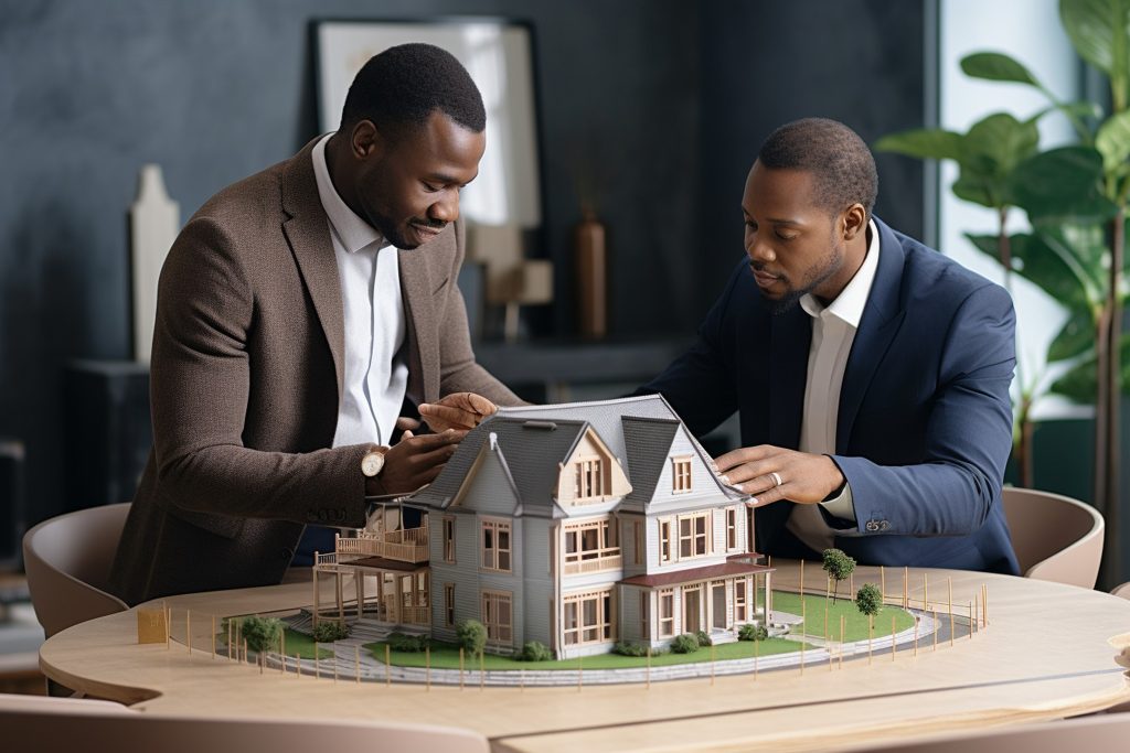 two business partners having meeting office african man gray suit holding scale model house