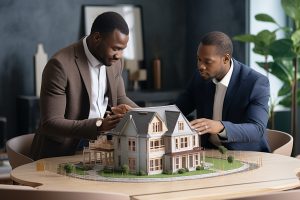 two business partners having meeting office african man gray suit holding scale model house